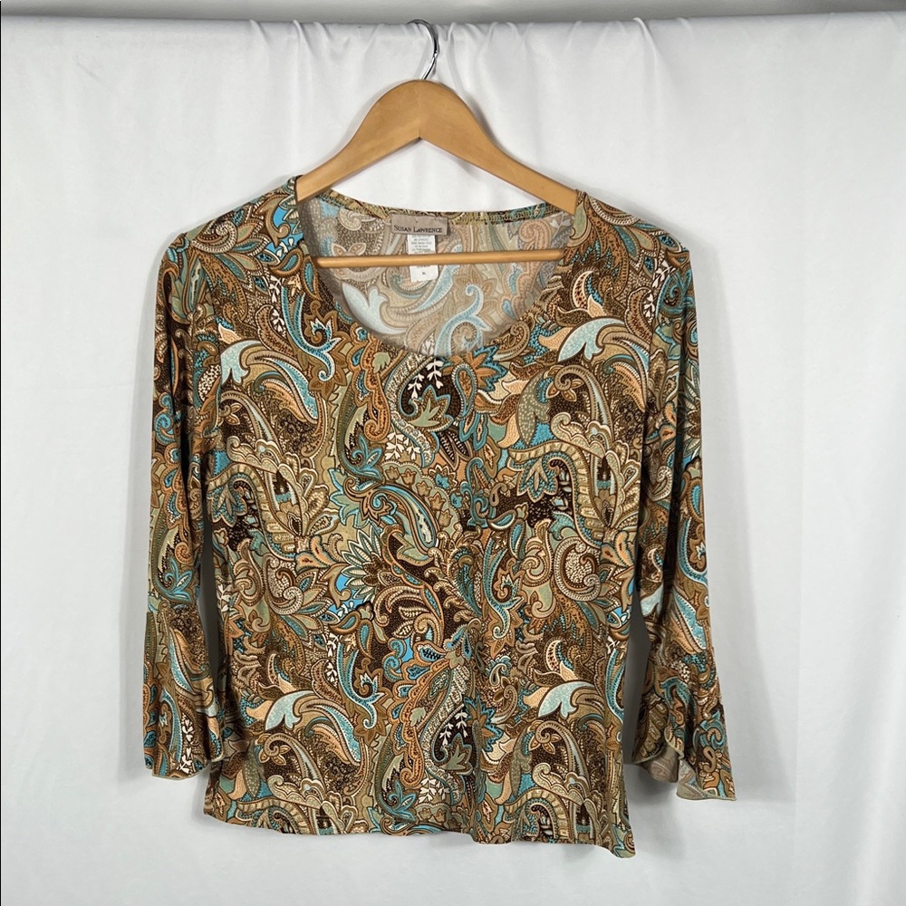 Susan Lawrence Multicolor Paisley Y2K Blouse Women’s XL Polyester‎ Stretchy